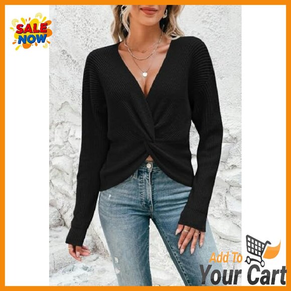 Cropped V-Neck Pullover Sweater, Long Sleeve Twist Knot Top, Soft Knit - Picture 3 of 8